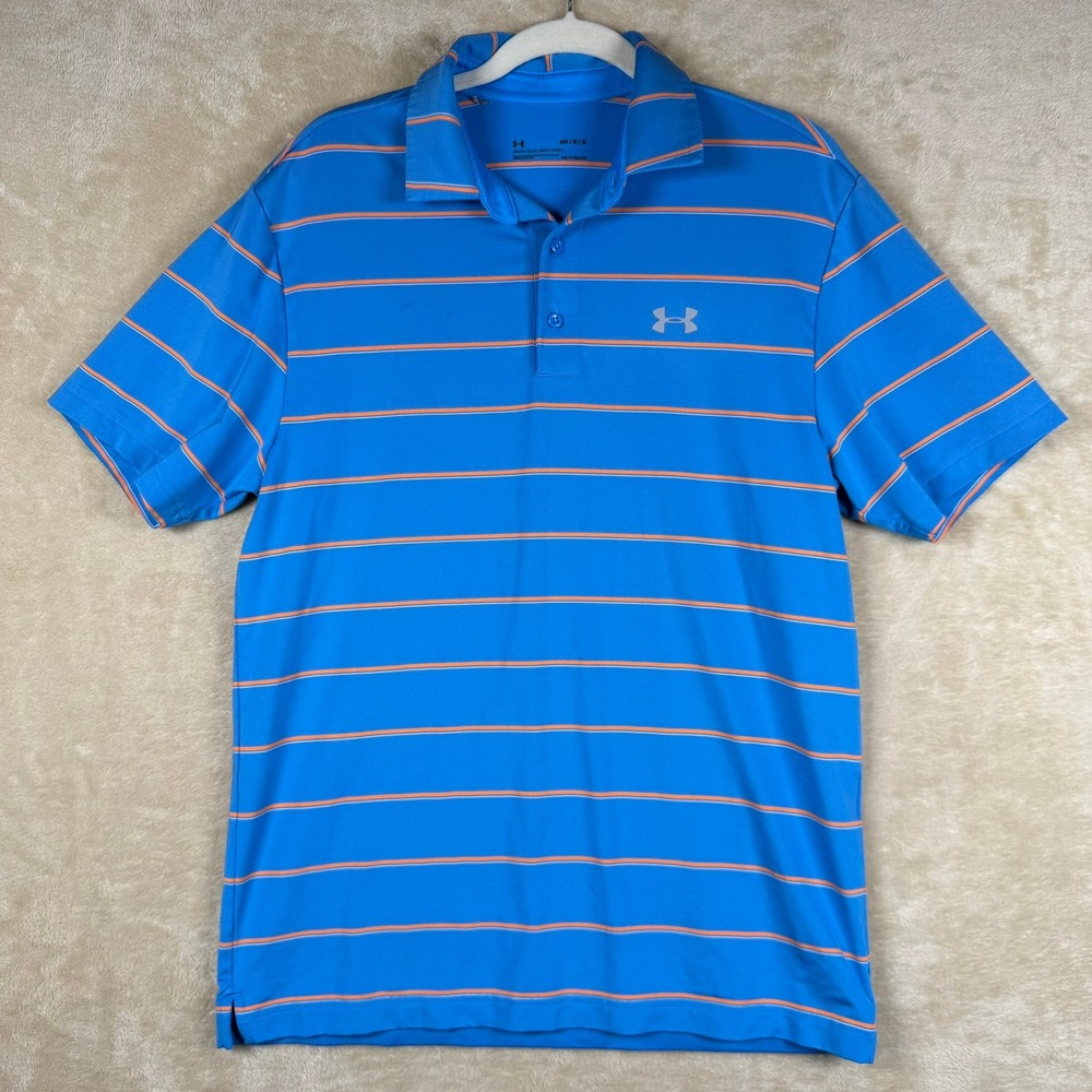 Under Armour Mens Polo Shirt Blue Orange Stripe Heatgear Loose Fit Golf Casual M